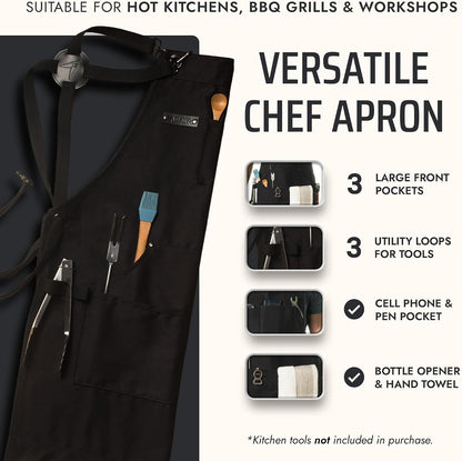 Asaya Chef and BBQ Apron with Bottle Opener and Hand Towel - 10oz Cotton Canvas, Stainless Steel Hardware - Cross Back Straps