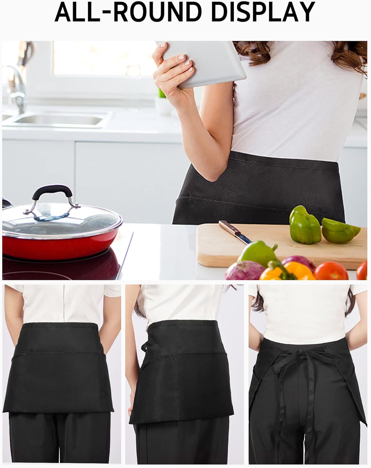 Syntus 3 Pack Cotton Server Apron with Pockets for Women, Black Waist Apron