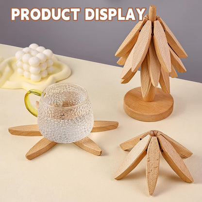 Wooden Trivets for Hot Dishes, Tree Shape Trivet Set, 4 Walnut Wood + 1 Stand stored Like a Christmas Tree,Foldable Kitchen Wooden Trivet,for Hot Dishes、Pot、Bowl、Teapot、Hot Pot Holder(Brown)