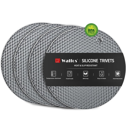 Walfos Silicone Trivet Mats - 4 Heat Resistant Pot Holders, Multipurpose Non-Slip Hot Pads for Kitchen Potholders, Hot Dishers, Jar Opener, Spoon Holder, Food Grade Silicone & BPA Free (Black)