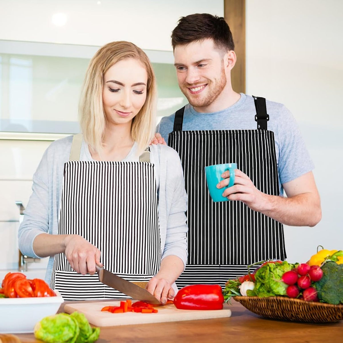 2 Pack Aprons for Women with 2 Pockets, Kitchen Cooking Apron for Men