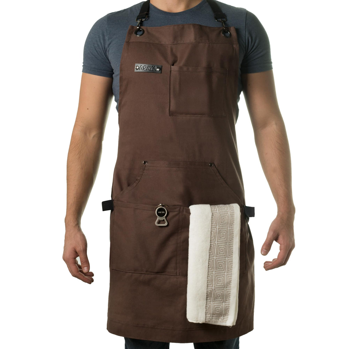 Asaya Chef and BBQ Apron with Bottle Opener and Hand Towel - 10oz Cotton Canvas, Stainless Steel Hardware - Cross Back Straps