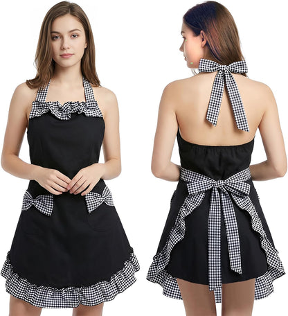 Hyzrz Cotton Kitchen Aprons for women with 2 Pockets Adjustable Neck Strap Chef Apron for Cooking Mothers Day Gifts (Black)
