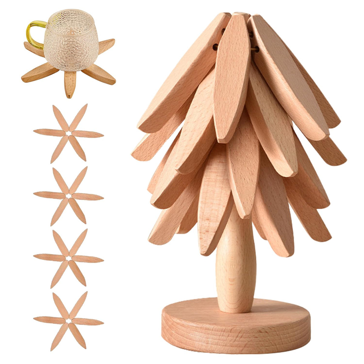 Wooden Trivets for Hot Dishes, Tree Shape Trivet Set, 4 Walnut Wood + 1 Stand stored Like a Christmas Tree,Foldable Kitchen Wooden Trivet,for Hot Dishes、Pot、Bowl、Teapot、Hot Pot Holder(Brown)