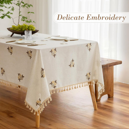 Meikelor Floral Linen Table Cloth for 6 Foot Rectangle Table Brown Flower Pattern Embroidered Tablecloth Cream Colored Fabric Neutral Farmhouse Thick Faux Burlap Tablecloth for Dining Buffet 60 x 102