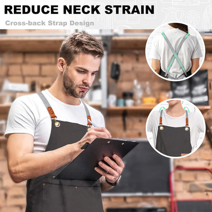 BeLuyi chef apron bib tool apron for man woman cross back straps with 4 pockets for kitchen cooking gardening baking working