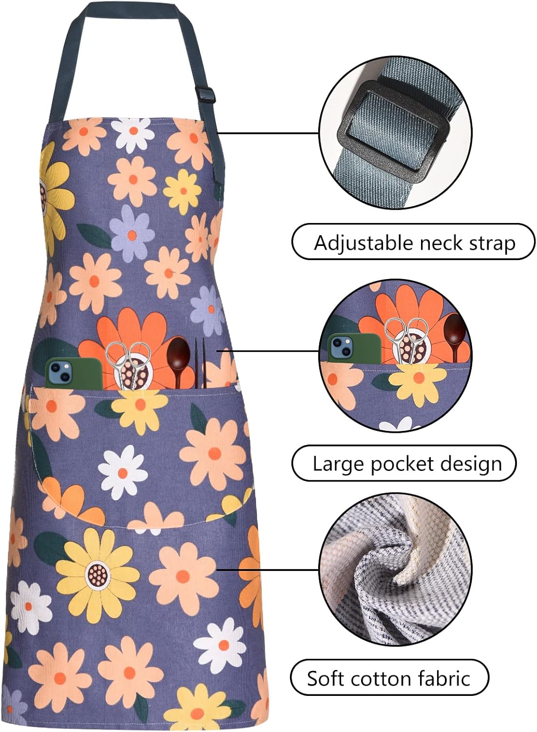 2 Pack Floral Apron for Women with Pockets, Adjustable Cotton Chef Aprons for Kitchen, Cooking, BBQ & Grill