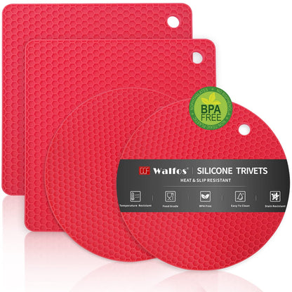 Walfos Silicone Trivet Mats - 4 Heat Resistant Pot Holders, Multipurpose Non-Slip Hot Pads for Kitchen Potholders, Hot Dishers, Jar Opener, Spoon Holder, Food Grade Silicone & BPA Free (Black)
