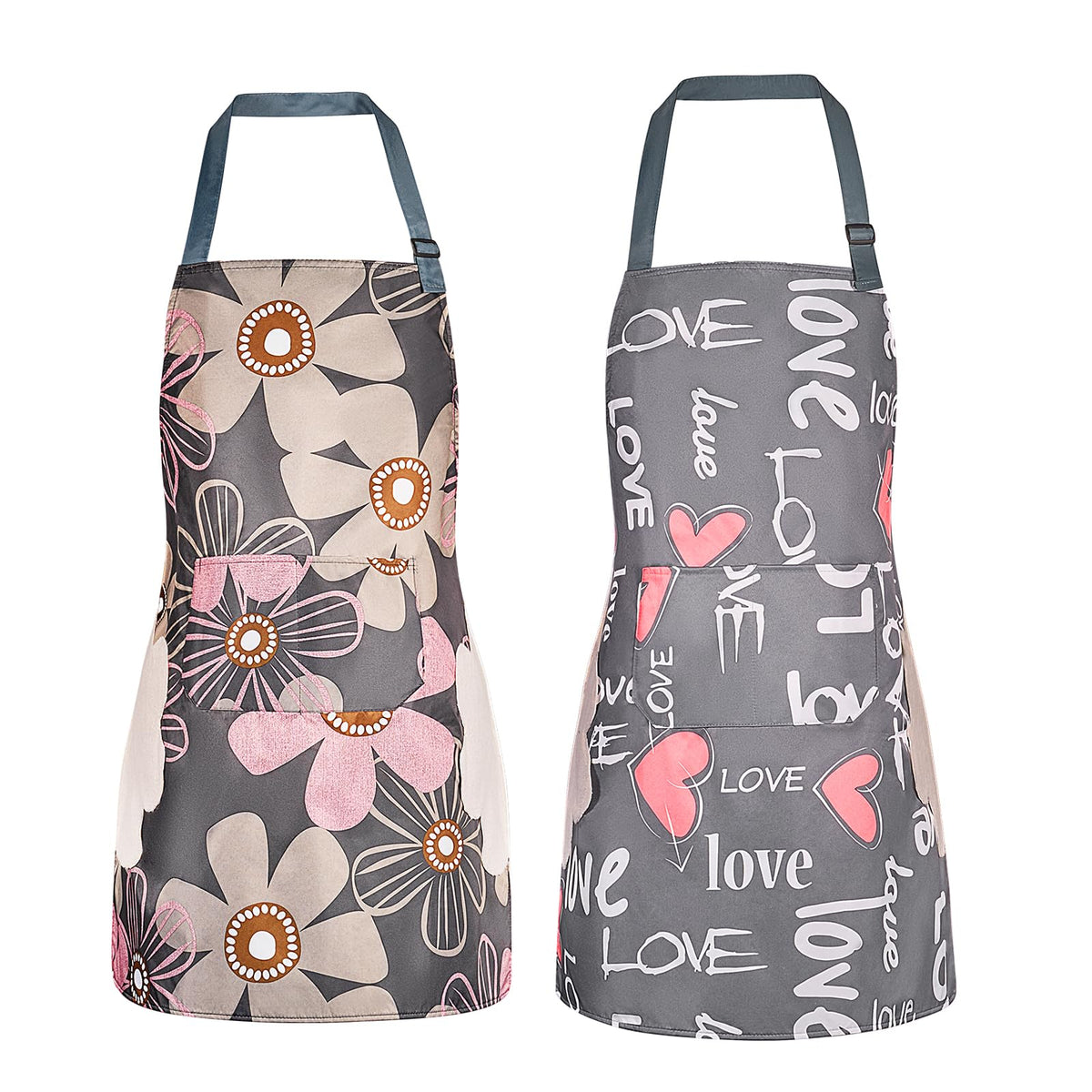 DILLMAN 2 Pack Floral Aprons with Pocket Blooming Womens Waterproof Adjustable Cooking Aprons Kitchen Gardening Salon