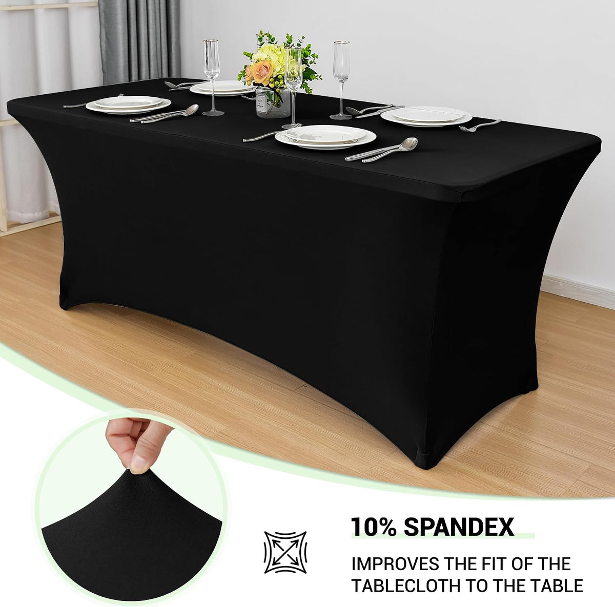 Obstal 6ft Stretch Black Spandex Table Cloth 2 Pack for Folding Tables