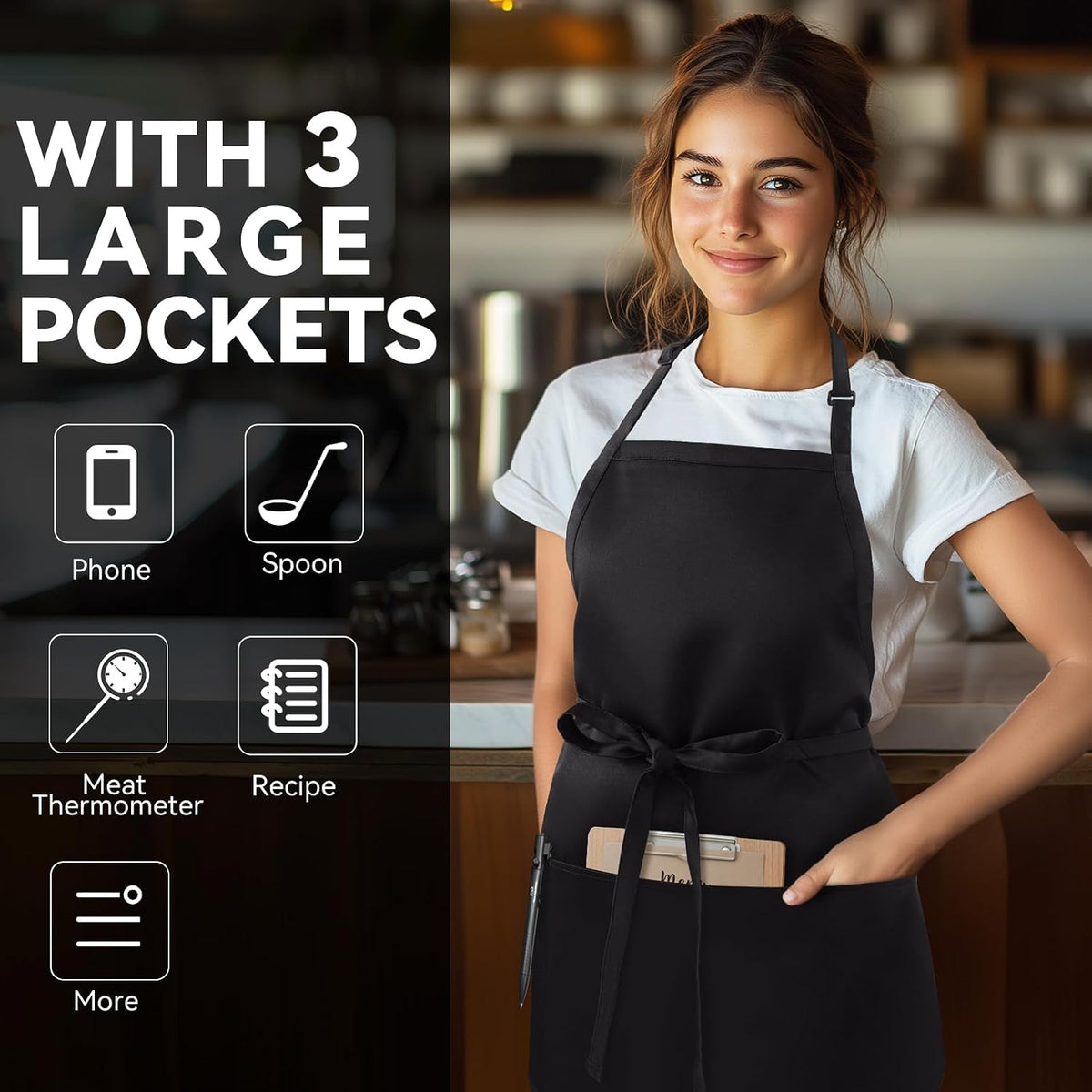 NLUS Kitchen Cooking Apron with 3 Pockets, Adjustable Bib Apron Chef Aprons for Women Men