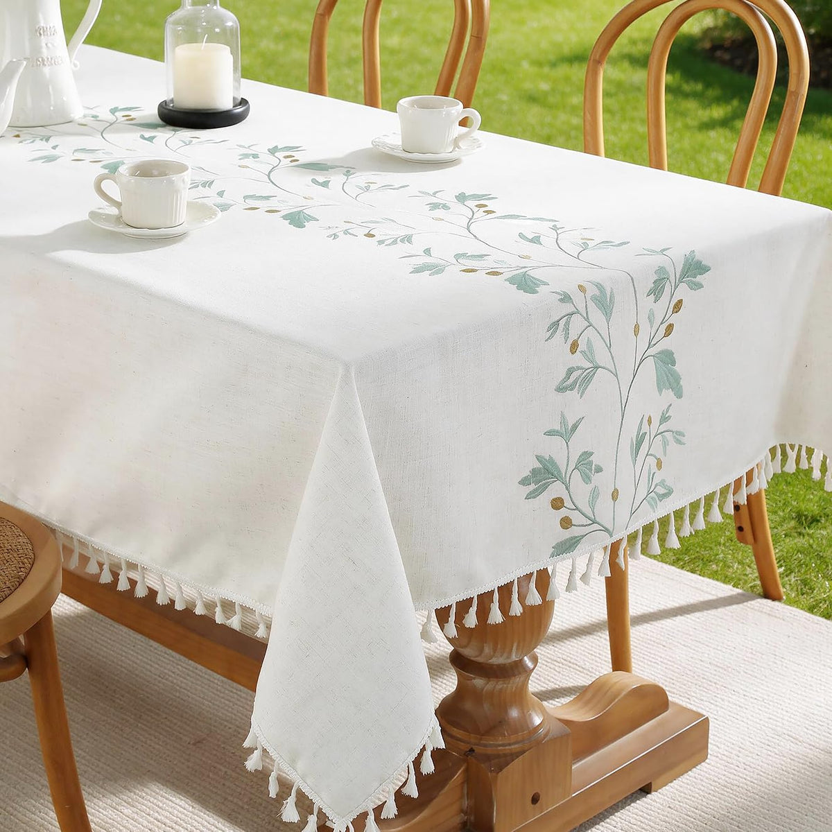 JIALE Tablecloths for Rectangle Tables, Cotton Linen Table Cloth Waterproof Tablecloth Wrinkle Free Farmhouse Dining Tables Cover, Soft Fabric Table Cloths with Tassels, Brown, 55" X 70", 4-6 Seats
