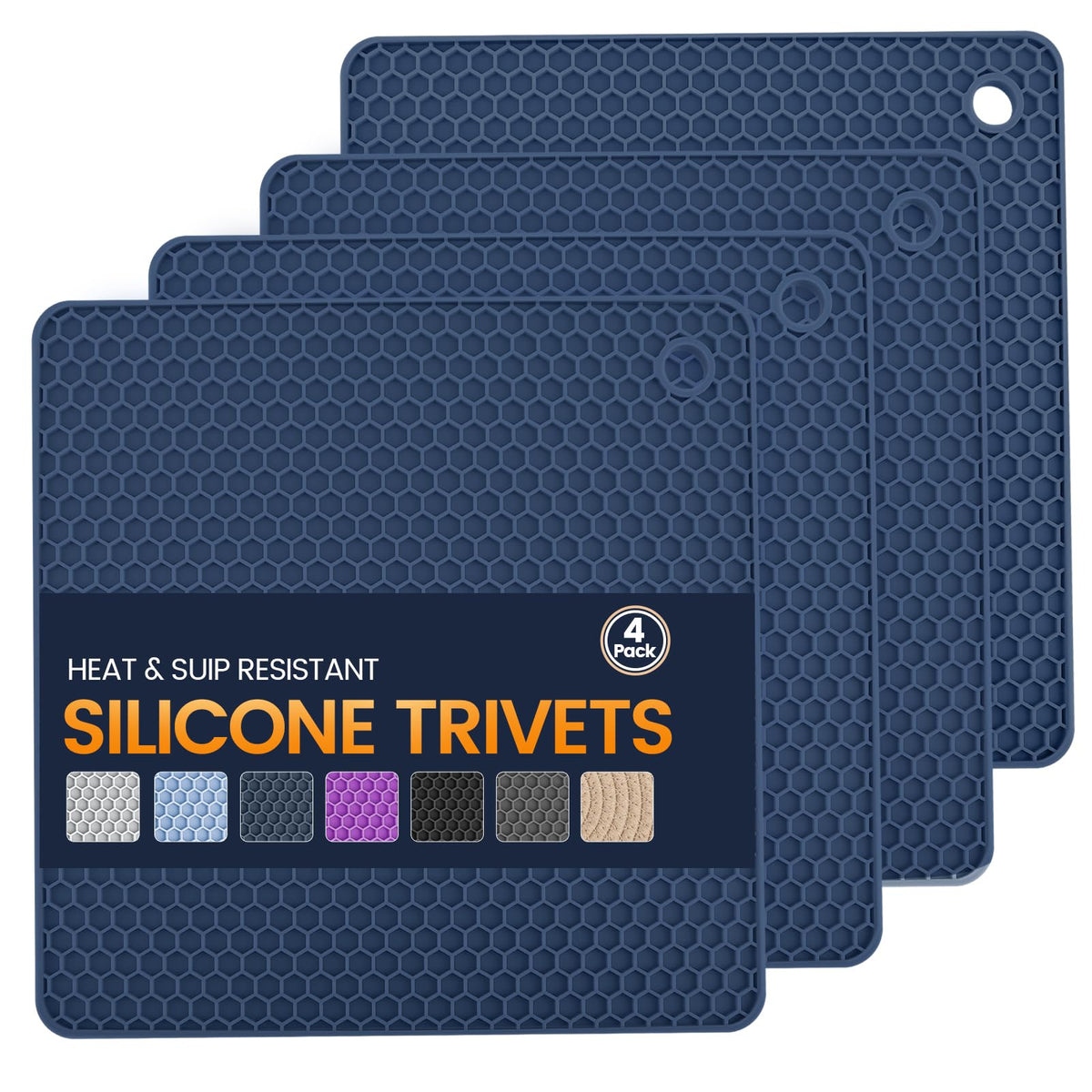 Silicone Trivet Mats 4 Heat Resistant Pot Holders Multipurpose Non-Slip Hot Pads for Kitchen Potholders, Drying mat, Jar Opener, Spoon Holder, Coaster(Dark Grey)