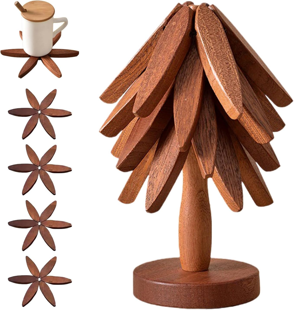 Wooden Trivets for Hot Dishes, Tree Shape Trivet Set, 4 Walnut Wood + 1 Stand stored Like a Christmas Tree,Foldable Kitchen Wooden Trivet,for Hot Dishes、Pot、Bowl、Teapot、Hot Pot Holder(Brown)