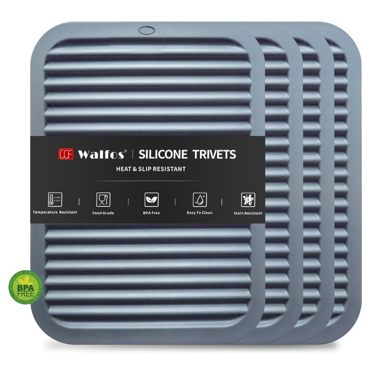Walfos Silicone Trivet Mats - 4 Heat Resistant Pot Holders, Multipurpose Non-Slip Hot Pads for Kitchen Potholders, Hot Dishers, Jar Opener, Spoon Holder, Food Grade Silicone & BPA Free (Black)