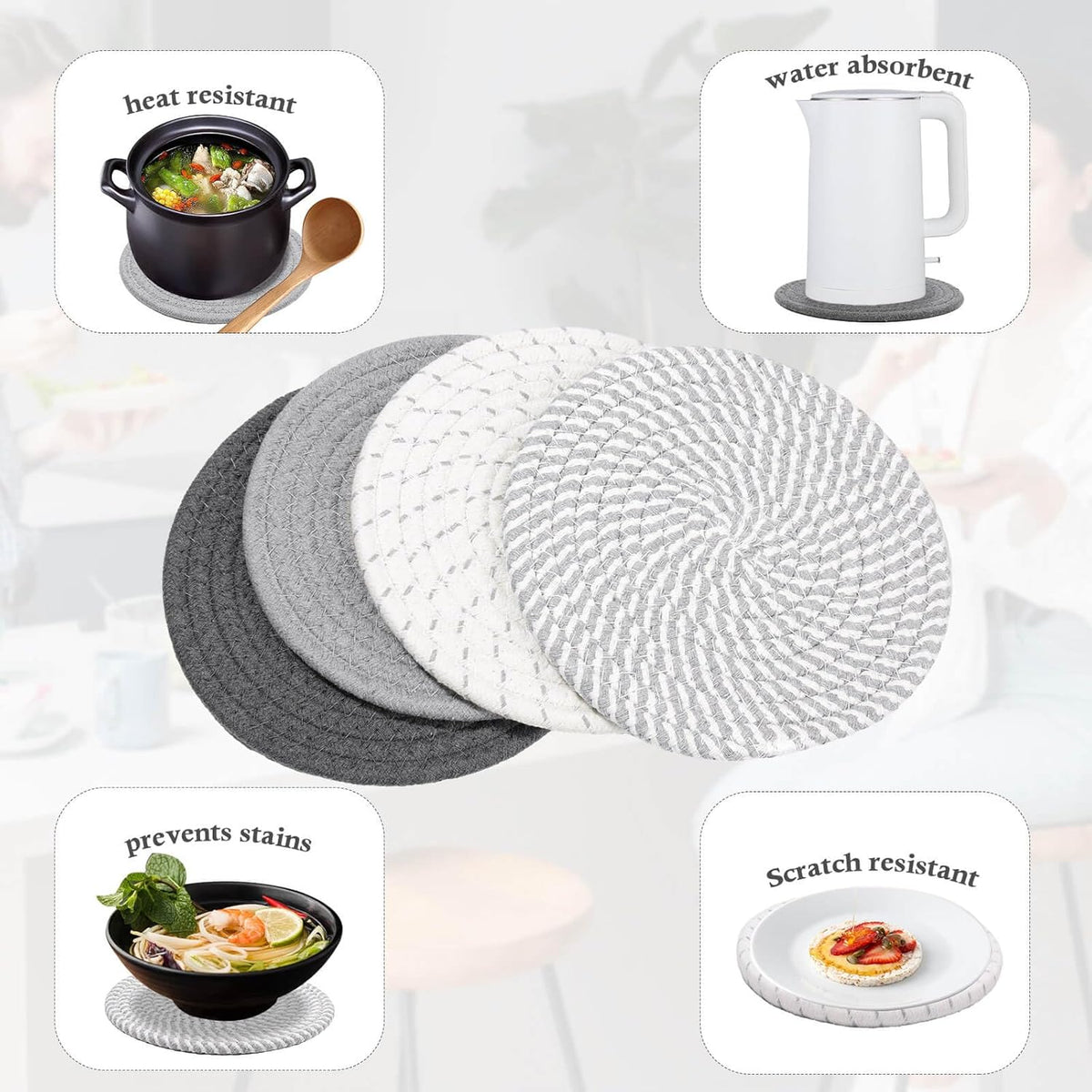 Billbotk 7" Trivets for Dishes, Pots and Pans, 4 Heat Resistant Hot Pads, Pot Holders for Kitchen, Plate Mats for Countertops, Table, Home Essentials, Farmhouse Decor
