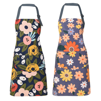 2 Pack Floral Apron for Women with Pockets, Adjustable Cotton Chef Aprons for Kitchen, Cooking, BBQ & Grill