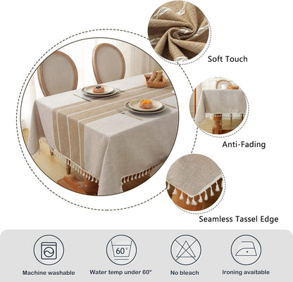 Laolitou Rustic Tablecloth Cotton Linen Waterproof Farmhouse Tablecloth Burlap Table Cloths for Kitchen Dining Cloth Table Cloth for Rectangle Tables Coffee Lines Rectangle,55''x70'',4-6 Seats