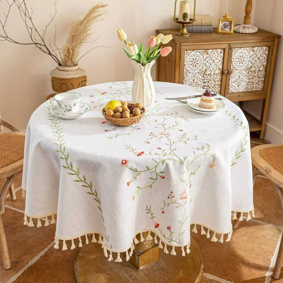 Alsoo Rectangle Tablecloth 55" x 106", Farmhouse Linen Style Table Cloth with Brown Fern Embroidery & Tassels, Heavy Weight Wrinkle & Spill Resistant Table Cover for Dining Kitchen