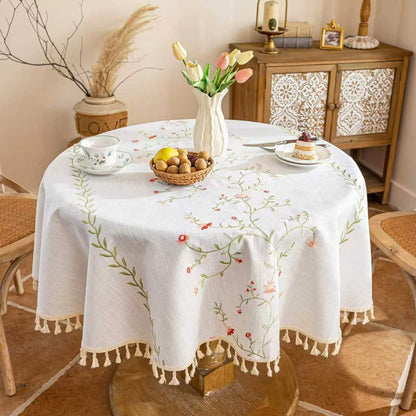 Alsoo Rectangle Tablecloth 55" x 106", Farmhouse Linen Style Table Cloth with Brown Fern Embroidery & Tassels, Heavy Weight Wrinkle & Spill Resistant Table Cover for Dining Kitchen