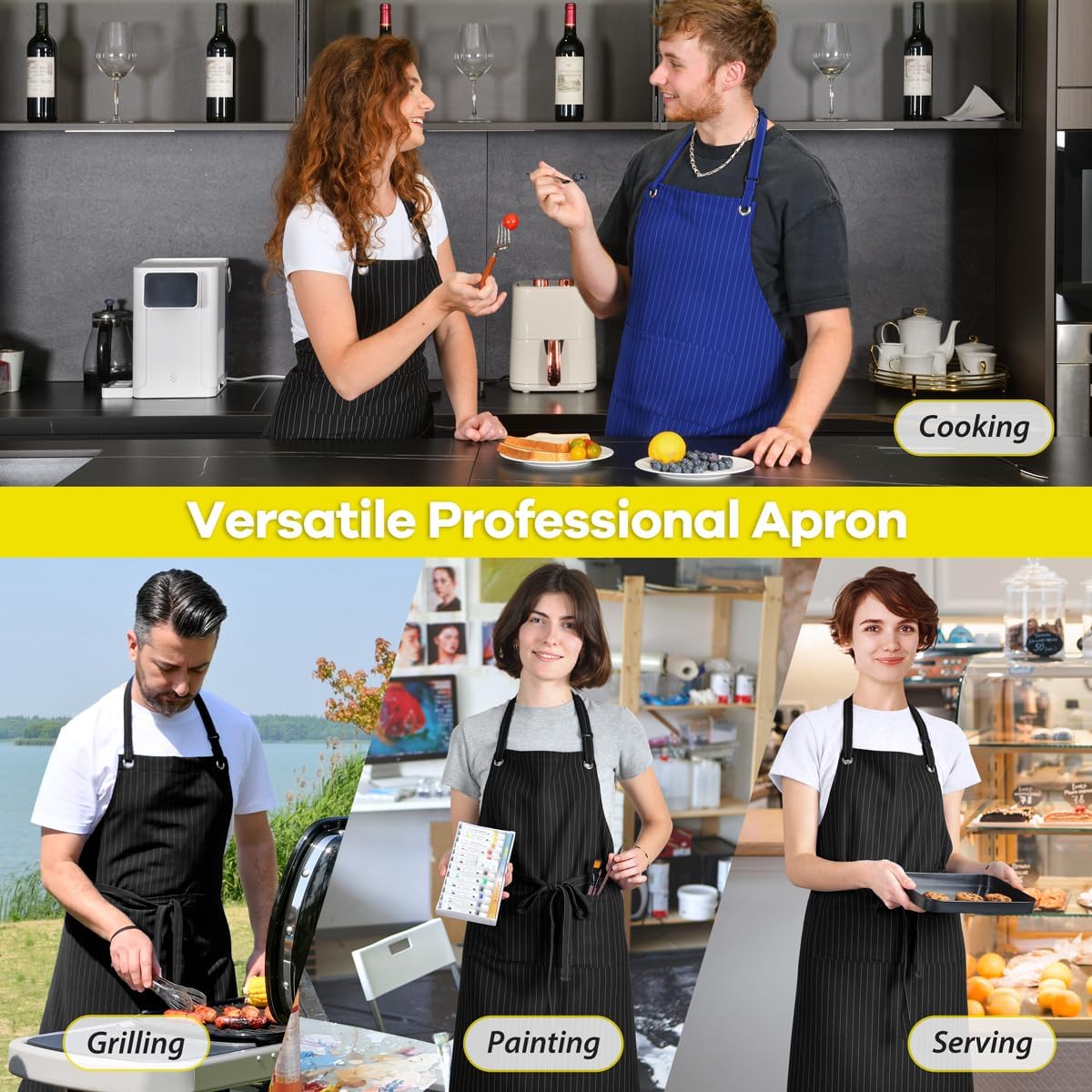 ROTANET Stripe Stretch Apron Chef Aprons for Men with 2 Pockets Waterproof