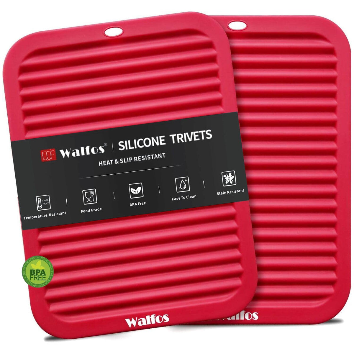 Walfos Silicone Trivet Mats - 4 Heat Resistant Pot Holders, Multipurpose Non-Slip Hot Pads for Kitchen Potholders, Hot Dishers, Jar Opener, Spoon Holder, Food Grade Silicone & BPA Free (Black)
