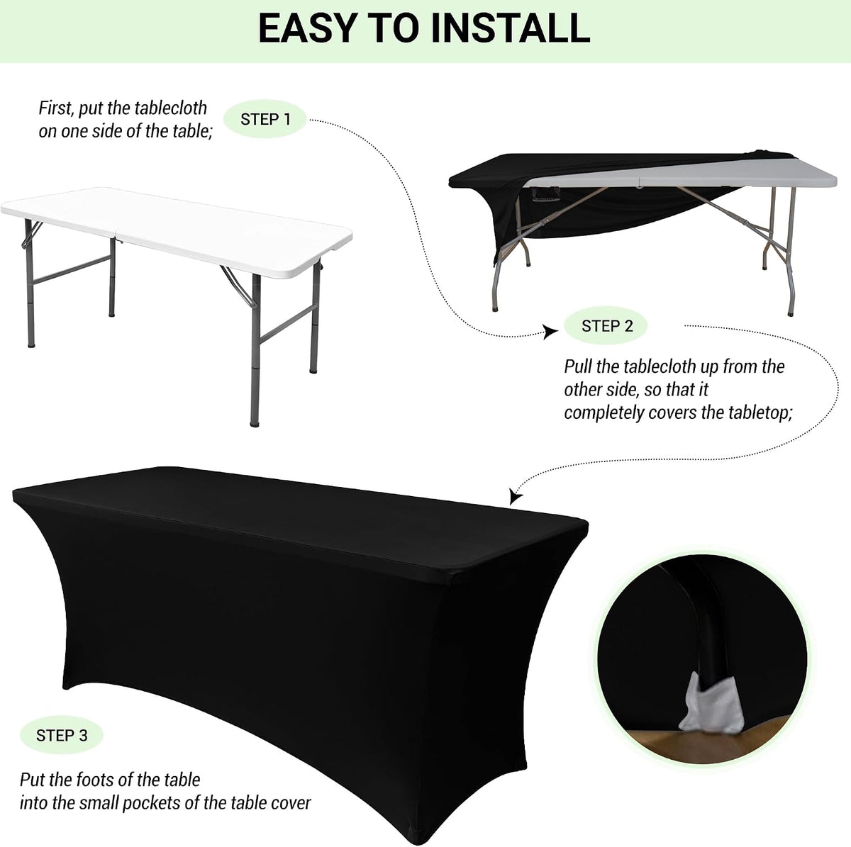 Obstal 6ft Stretch Black Spandex Table Cloth 2 Pack for Folding Tables