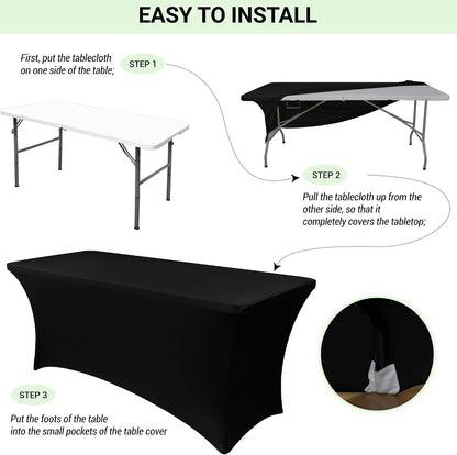 Obstal 6ft Stretch Black Spandex Table Cloth 2 Pack for Folding Tables