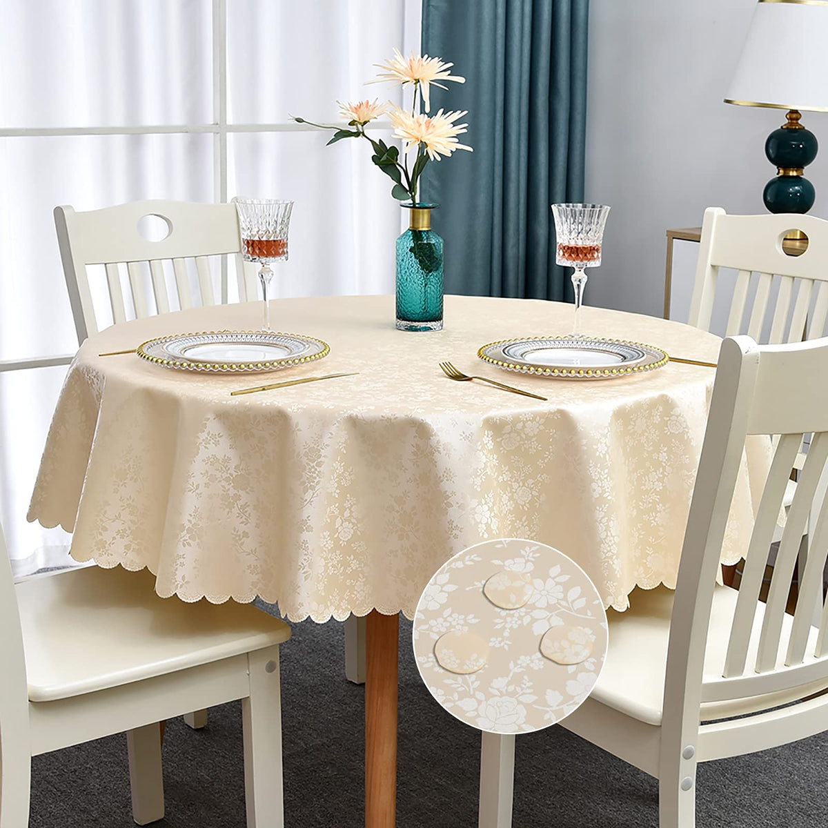 Romanstile Waterproof Vinyl Tablecloth Rectangle, 60 x 84 Inch, Rose Beige