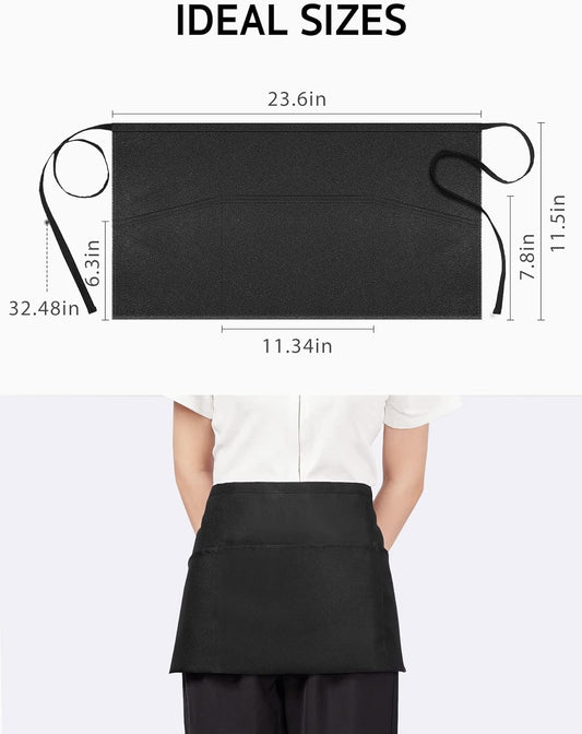 Syntus 3 Pack Cotton Server Apron with Pockets for Women, Black Waist Apron