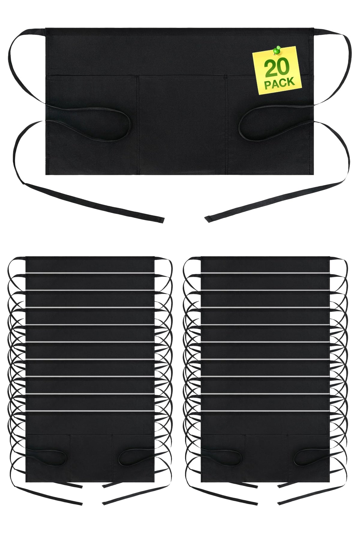 BOHARERS Waist Apron with 3 Pockets - Black Waitress Waiter Server Short Aprons