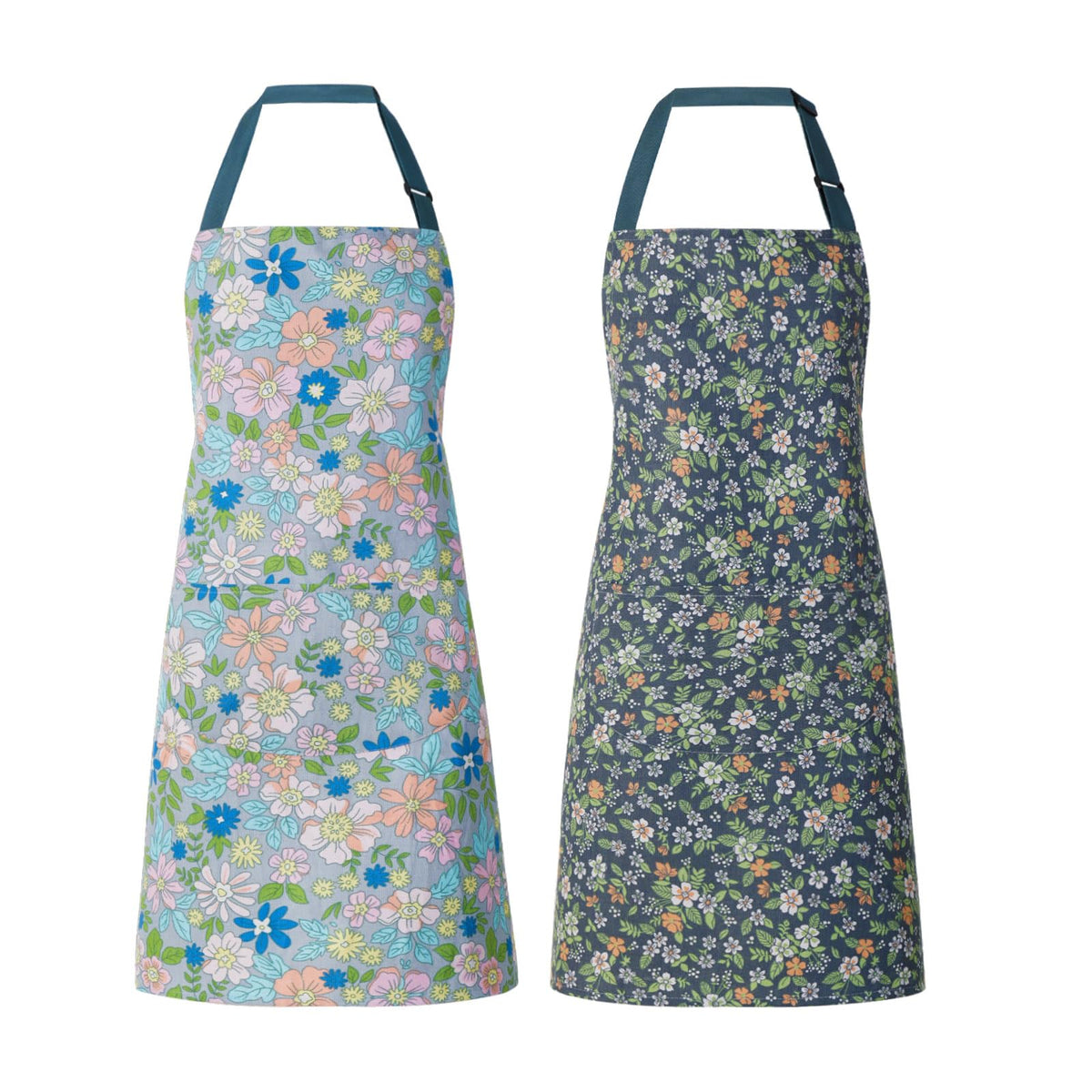 2 Pack Floral Apron for Women with Pockets, Adjustable Cotton Chef Aprons for Kitchen, Cooking, BBQ & Grill
