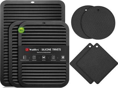 Walfos Silicone Trivet Mats - 4 Heat Resistant Pot Holders, Multipurpose Non-Slip Hot Pads for Kitchen Potholders, Hot Dishers, Jar Opener, Spoon Holder, Food Grade Silicone & BPA Free (Black)