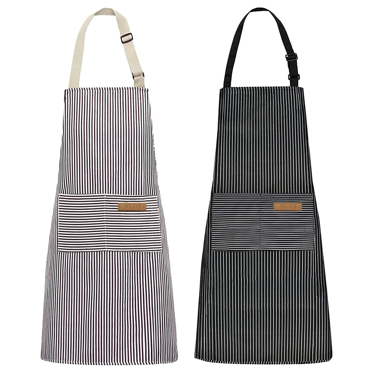 NLUS 2 Pack Kitchen Cooking Aprons, Adjustable Bib Soft Chef Apron with 2 Pockets for Men Women(Black/Brown Stripes)