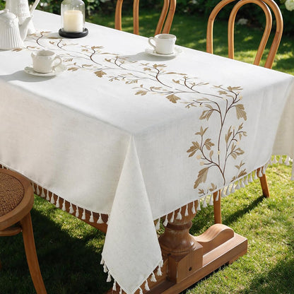 JIALE Tablecloths for Rectangle Tables, Cotton Linen Table Cloth Waterproof Tablecloth Wrinkle Free Farmhouse Dining Tables Cover, Soft Fabric Table Cloths with Tassels, Brown, 55" X 70", 4-6 Seats