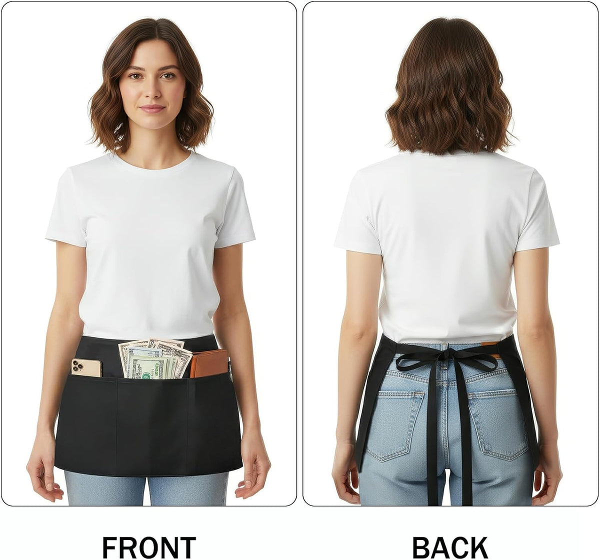 BOHARERS Waist Apron with 3 Pockets - Black Waitress Waiter Server Short Aprons