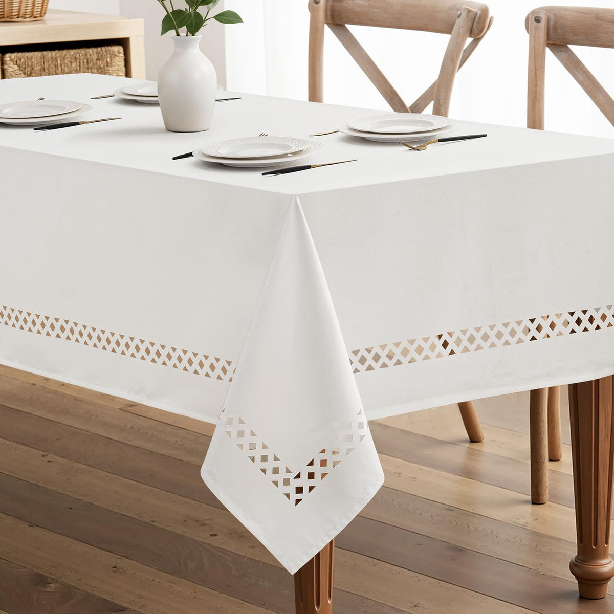 MIULEE Beige Rectangle Tablecloth with Decorative Cutouts 60x84 Inch