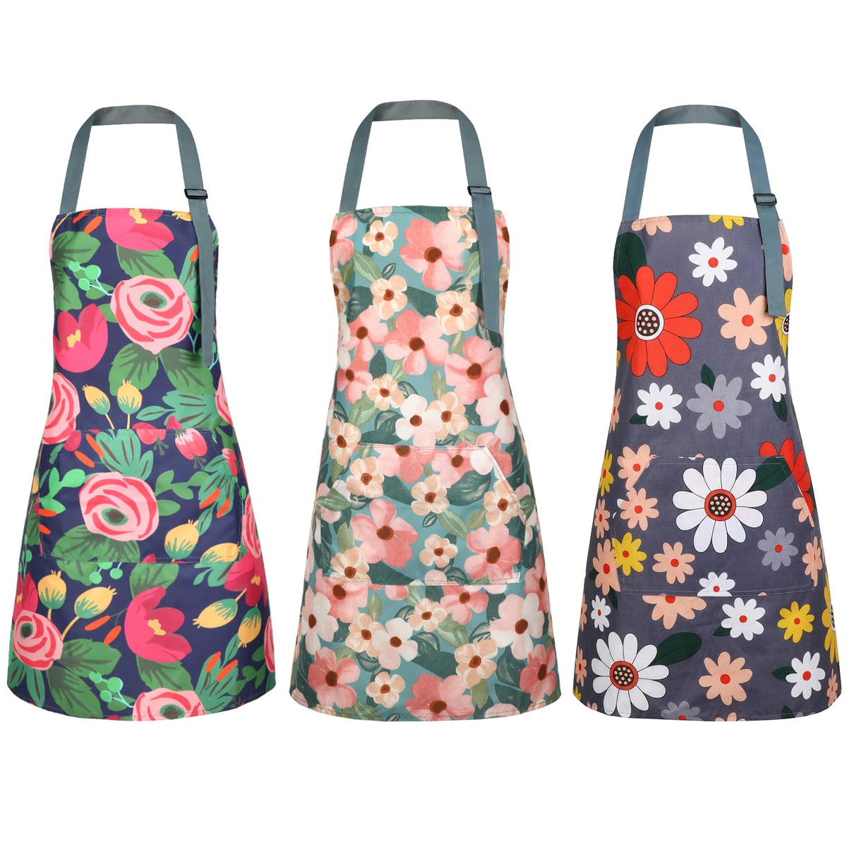 BOUMUSOE 3 Pack Floral Aprons with Pocket, Blooming Womens Aprons Waterproof Adjustable Cooking Apron for Kitchen Gardening