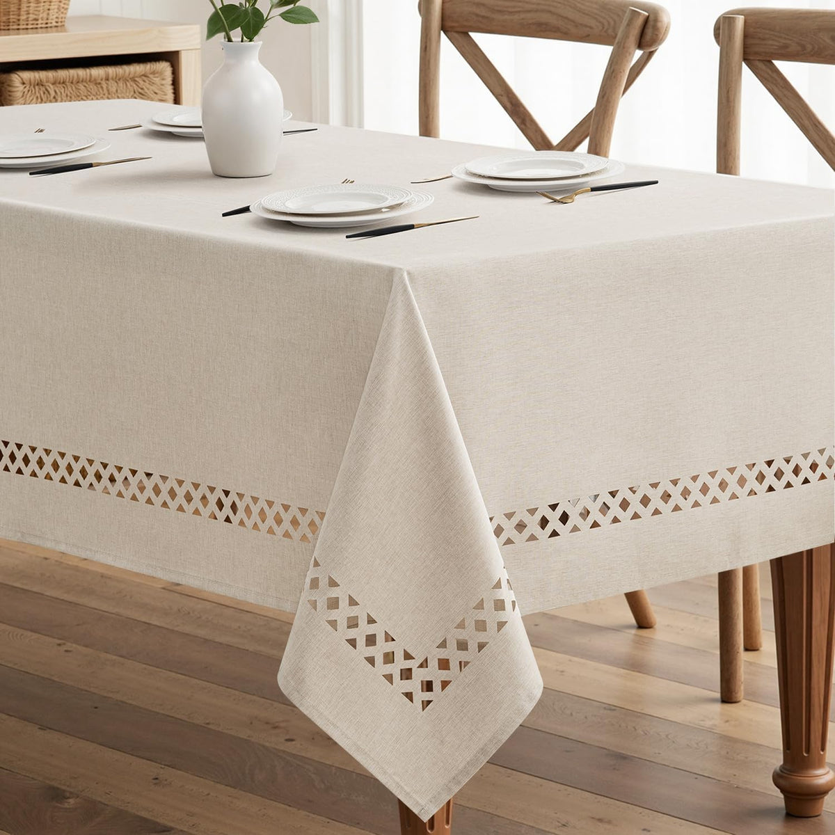 MIULEE Beige Rectangle Tablecloth with Decorative Cutouts 60x84 Inch
