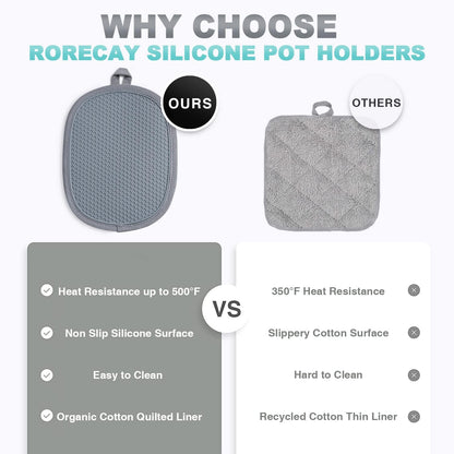 RORECAY 2-Pack Silicone Pot Holders for Kitchen, Hot Pads with Pocket, Gray