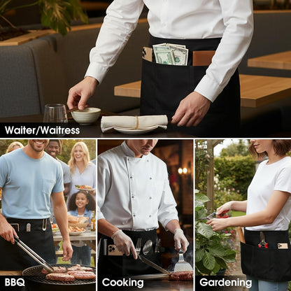BOHARERS Waist Apron with 3 Pockets - Black Waitress Waiter Server Short Aprons