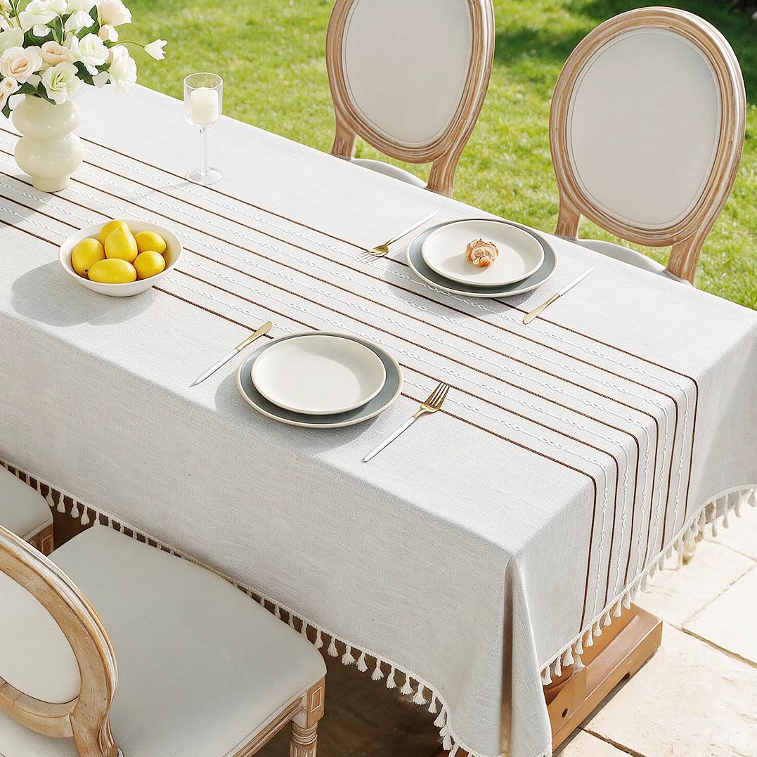 JIALE Tablecloths for Rectangle Tables, Cotton Linen Table Cloth Waterproof Tablecloth Wrinkle Free Farmhouse Dining Tables Cover, Soft Fabric Table Cloths with Tassels, Brown, 55" X 70", 4-6 Seats