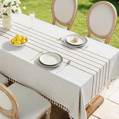 JIALE Tablecloths for Rectangle Tables, Cotton Linen Table Cloth Waterproof Tablecloth Wrinkle Free Farmhouse Dining Tables Cover, Soft Fabric Table Cloths with Tassels, Brown, 55" X 70", 4-6 Seats