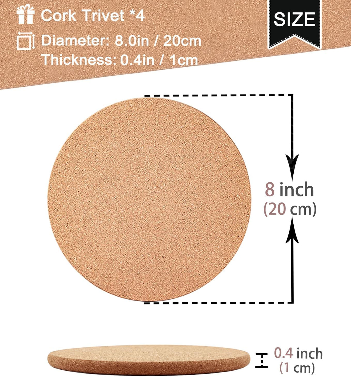Cork Trivets for Hot Dishes, Hot Pots and Pans, 8 Inch 4 Pcs
