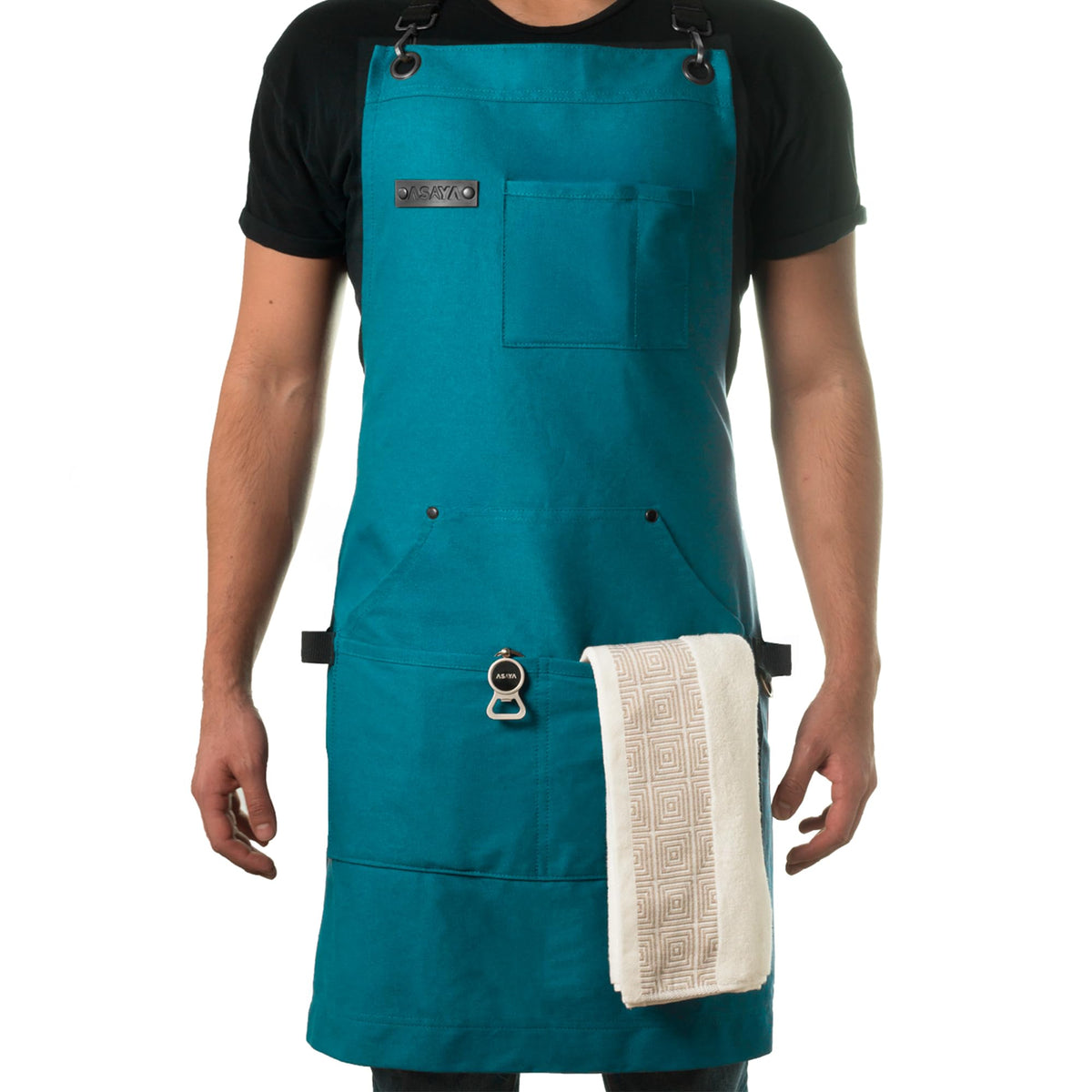 Asaya Chef and BBQ Apron with Bottle Opener and Hand Towel - 10oz Cotton Canvas, Stainless Steel Hardware - Cross Back Straps