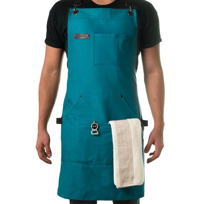 Asaya Chef and BBQ Apron with Bottle Opener and Hand Towel - 10oz Cotton Canvas, Stainless Steel Hardware - Cross Back Straps