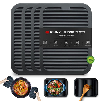 Walfos Silicone Trivet Mats - 4 Heat Resistant Pot Holders, Multipurpose Non-Slip Hot Pads for Kitchen Potholders, Hot Dishers, Jar Opener, Spoon Holder, Food Grade Silicone & BPA Free (Black)