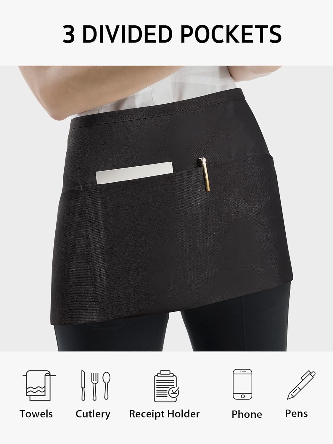 Syntus 3 Pack Cotton Server Apron with Pockets for Women, Black Waist Apron
