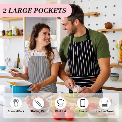 2Pack Adjustable Kitchen Apron for Women Men with 2 Pockets，Cotton-Polyester Blend Bib Aprons for Cooking,Baking