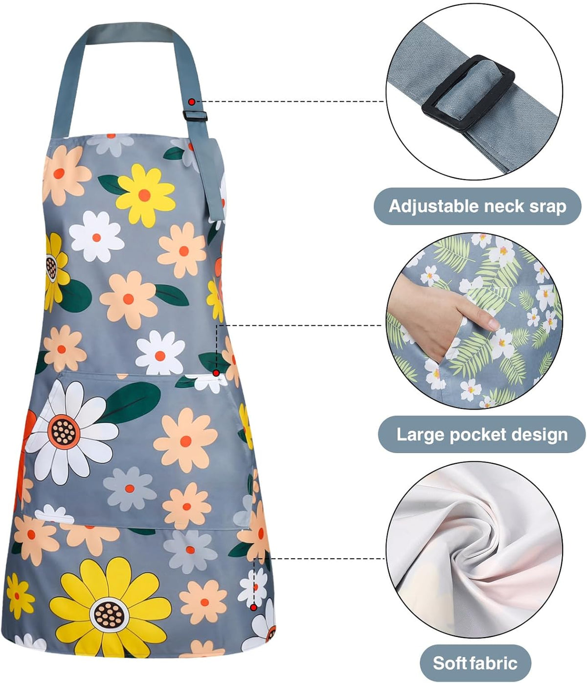 BOUMUSOE 3 Pack Floral Aprons with Pocket, Blooming Womens Aprons Waterproof Adjustable Cooking Apron for Kitchen Gardening